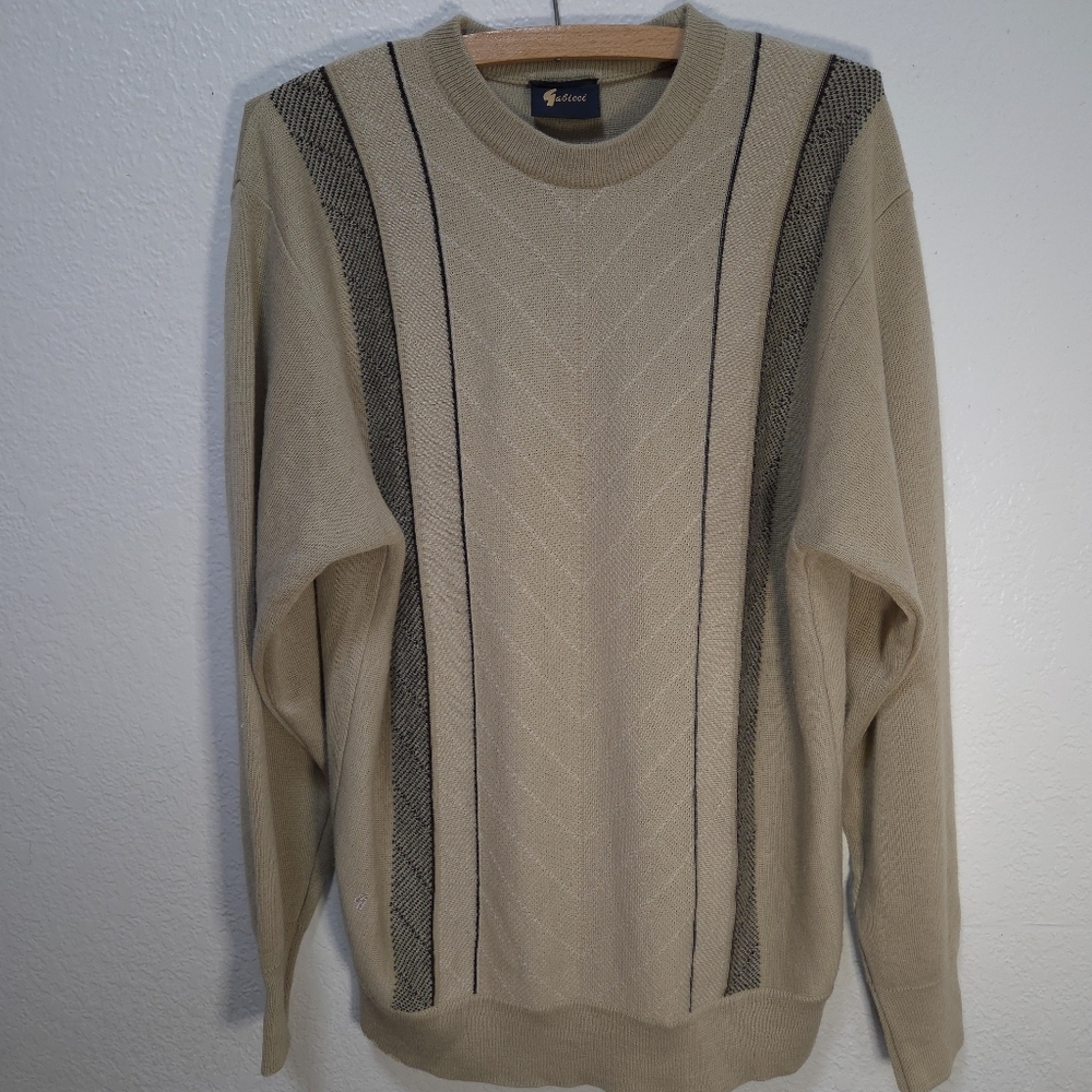 Gabicci Knit Sweater Jumper Large L Mens Tan Beige Wool Acrylic V Neck